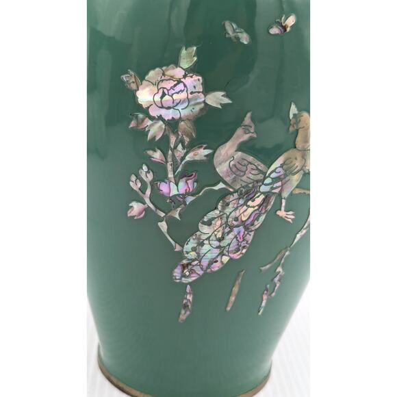 Green Enamel Brass Cloisonne Mother of Pearl Flower Bird Inlay Vase 10" Vintage - Picture 2 of 11